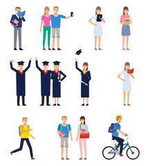 Fototapeta na wymiar Various male and female students showing diverse actions. Students life concept. Cheerful student making selfie, holding book, riding bike, running, celebrating. Flat design vector illustration
