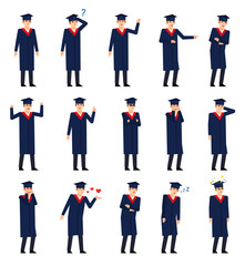 Set of graduate students showing diverse emotions. Graduate in dark mantle laughing, crying, angry, sleepy, tired, thinking and showing other expressions. Flat design vector illustration
