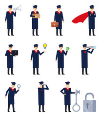 Set of graduate students showing various actions. Graduate in black robe searching with magnifier, holding loudspeaker, spyglass and showing other actions. Flat design vector illustration