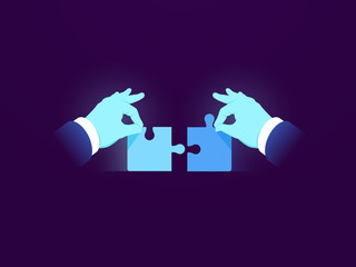Two puzzle pieces, task solution business concept icon, two parts of one whole, elegant management, working together working together, hand holds a piece of the puzzle, flat vector dark
