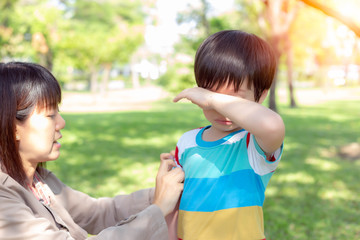 Handsome son is crying and his mom or mother is comforting him. Cute little boy miss his father, ask mom about father and lovely kid gets hungry also. He standing at park with his single mom, sunlight