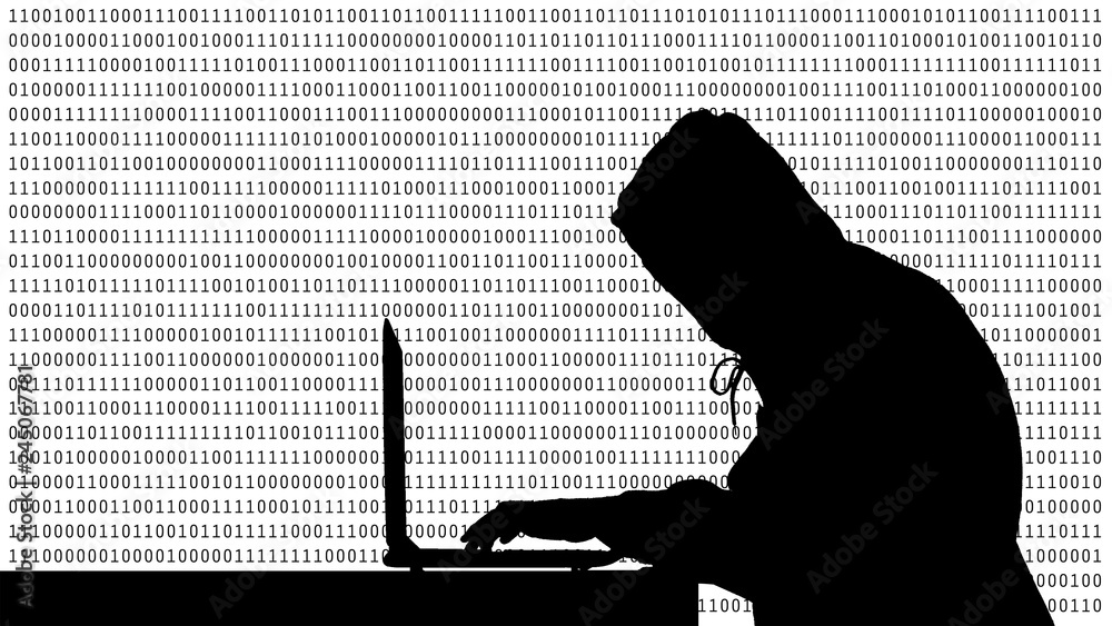 Fototapete Hacker typing on a laptop with 01 or binary numbers on the computer screen on monitor background matrix, Digital data code in security technology concept. Human shape abstract illustration