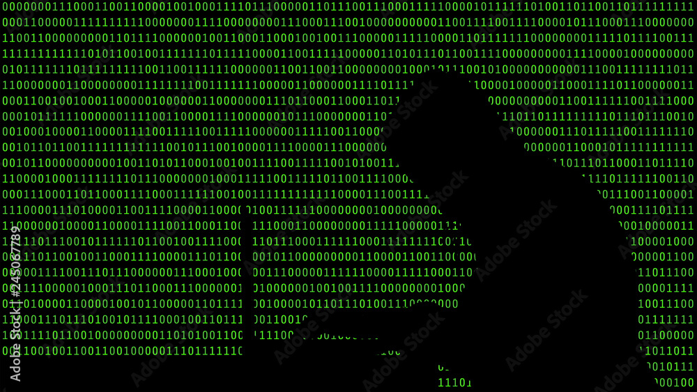 Wall mural Hacker typing on a laptop with 01 or binary numbers on the computer screen on monitor background matrix, Digital data code in security technology concept. Human shape abstract illustration