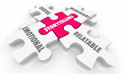 Storytelling Emotional Memorable Narrative Puzzle Pieces Words 3d Illustration