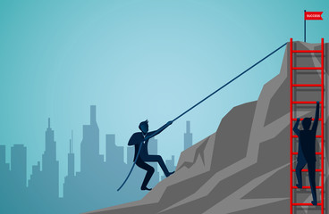 Two businessmen are competing to climbing up the mountain with ropes and stairs red. Business finance success. Overcome obstacles. leadership. illustration cartoon vector
