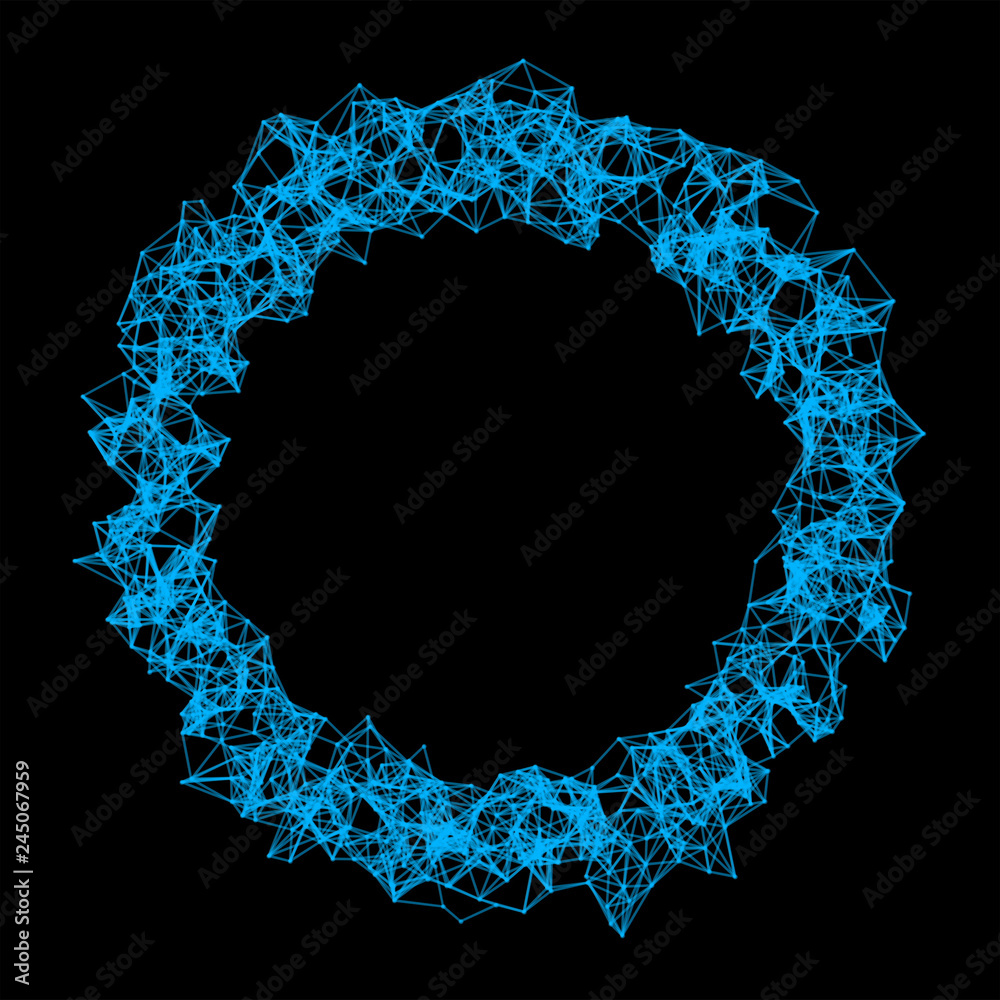 Poster donut shape with hole. structure of sphere with network connection lines and dots isolated on black 