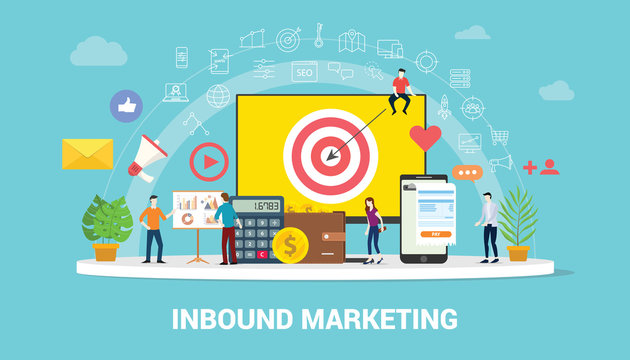 inbound marketing concept strategy team working together with big screen goals and graph chart and icon spread - vector
