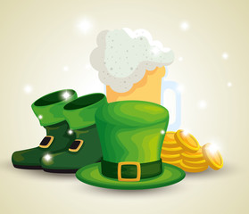 Fototapeta st patrick boots and hat with beer glass and coins obraz