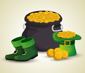 st patrick cauldron with gol coins and hat with boots © Gstudio