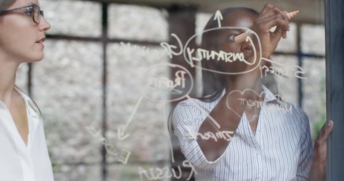 4K Two businesswomen exploring business solutions & writing on glass wall. Slow motion.