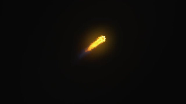 High-flying ICBM missile rocket flying into space with bright yellow exhaust flames and smoke.