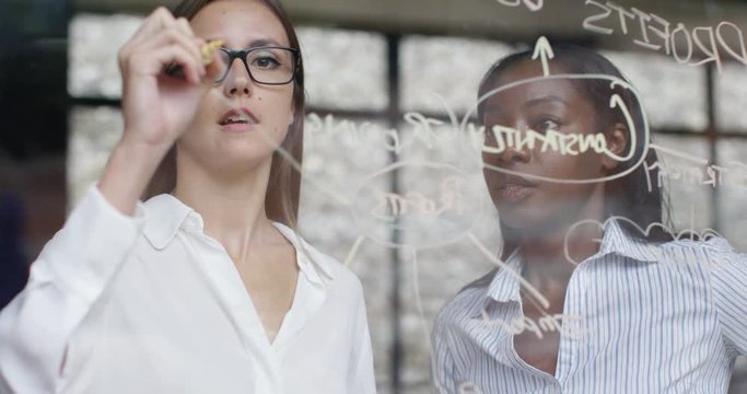 4K Two businesswomen brainstorming together & drawing flow chart on glass wall. Slow motion.
