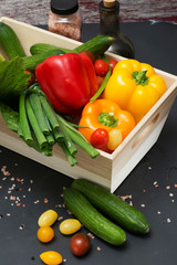 fresh vegetables in wooden box