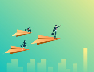 business people concept illustration teamwork fly with paper airplane