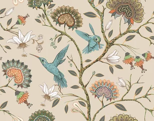 Türaufkleber Halle Vektornahtloses Muster mit stilisierten Blumen und Vögeln. Blütengarten mit Kolibris und Pflanzen. Helle Blumentapete. Design für Stoff, Textil, Tapete, Abdeckung, Geschenkpapier.