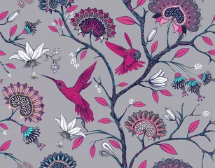 Foto auf Alu-Dibond Vector seamless pattern with stylized flowers and birds. Blossom garden with hummingbirds and plants. Light floral wallpaper. Design for fabric, textile, wallpaper, cover, wrapping paper. © sunny_lion
