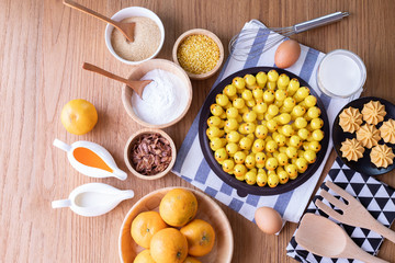 Wood table Delectable imitation fruits, Fruit Shaped Mung Beans,Homemade cake, Thai traditional dessert.