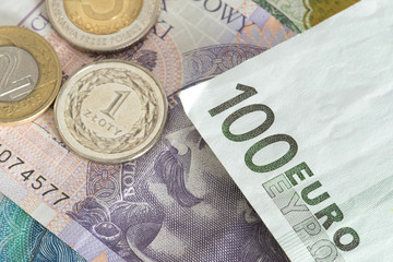 Euro Geldschein und Banknoten und Münzen Polnische Zloty PLN