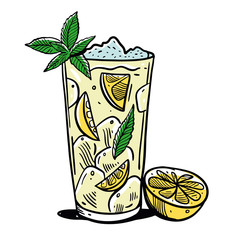 Lemonade glass with slice of lemons and lemon. Hand drawn vector illustration.