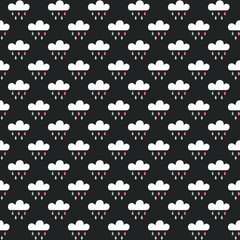 Cute seamless vector pattern with white clouds and colorful raindrops on a black background. Fun minimal print for kids, babies, home decor and fashion textiles, gift wrapping paper, and wallpaper. - 245076533