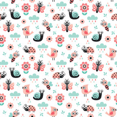 Cute seamless vector background with bugs, birds and flowers in blush pink and mint. Sweet nature theme pattern for kids, baby, nursery, home decor textiles, gift wrapping paper and wallpaper. - 245076563
