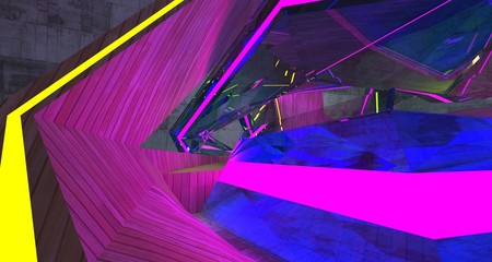 Abstract  Concrete Futuristic Sci-Fi interior With Violet And Yellow Glowing Neon Tubes . 3D illustration and rendering.