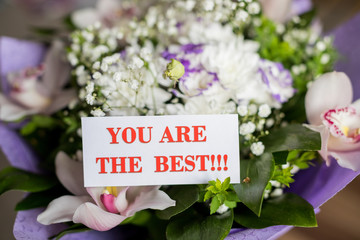 beautiful spring flowers bouquet with you are the best message card.Best Mom ever. I Love you. Mothers Day invitation, congratulation.International Women's Day. Flyer for March 8.Happy Valentines Day