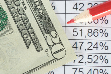 Ein Dollar Geldschein, roter Stift als Symbol für Sparen und eine Tabellenkalkulation mit Zahlen und Prozenten © studio v-zwoelf