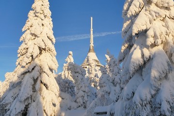 Snowy mountain hut transmitter