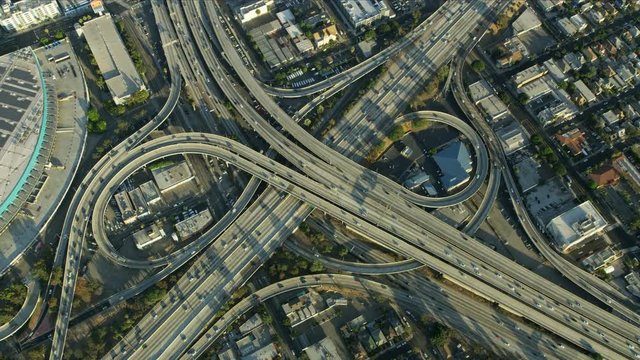 Aerial overhead view busy freeway interchange Los Angeles