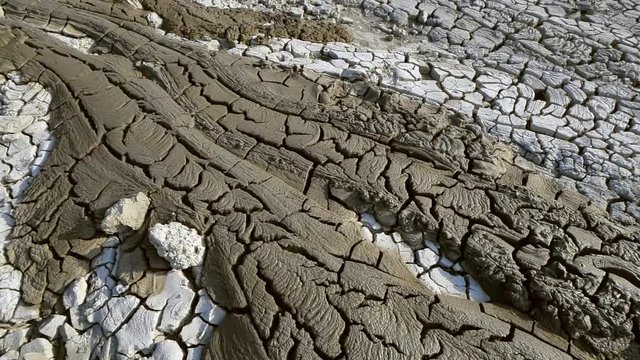 Panning view of the heavily textured hardened mud hills at the Mud Volcanoes in Baku, Azerbaijan