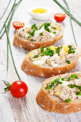 Sandwiches with fresh mackerel fish paste, healthy nutrition concept