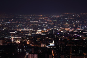 Fototapeta na wymiar Night view at a Moscow Kremlin from Ostankinskaya tv tower. Panorama of night Moscow