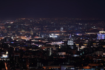 Fototapeta na wymiar Night view of Cathedral of Christ the Saviour from Ostankinskaya tv tower. Panorama of night Moscow