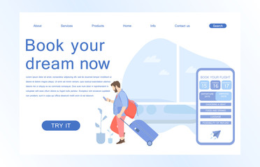 Landing page template of Book your flight. Modern flat design concept of web page design for website and mobile website. Vector illustration in flat design.