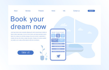 Landing page template of Book your flight. Modern flat design concept of web page design for website and mobile website. Vector illustration in flat design.