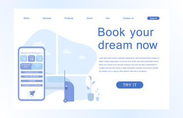 Landing page template of Book your flight. Modern flat design concept of web page design for website and mobile website. Vector illustration in flat design.