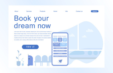 Landing page template of Book your flight. Modern flat design concept of web page design for website and mobile website. Vector illustration in flat design.