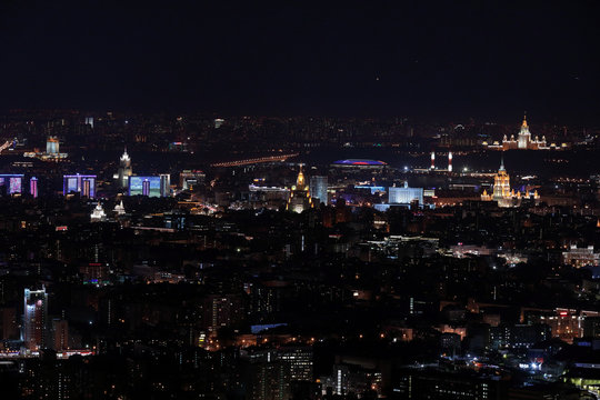 Night panorama of Moscow from Ostankinskaya tv tower. Buildings of Moscow State University, Hotel Ukraine, White House, Luzhniki stadium, Ministry of Foreign Affairs are visible