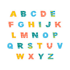 Colorful english alphabet with capital letters ant cute hand drawn texture. Vector illustration.