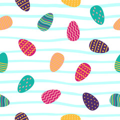 Seamless pattern with easter eggs in flat style on striped background. Vector illustration.
