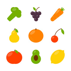 Fruit icons set in flat style on white background. Vector illustration.