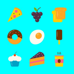 Food icons set in flat style with different meals. Vector illustration.