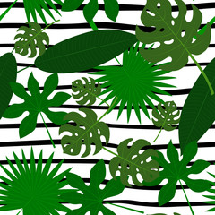 Seamless pattern with tropical leaves on striped background. Vector illustration.