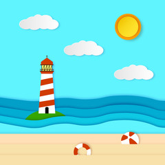 Card with ocean, lighthouse, sun, clouds and beach. Vector illustration in  paper art  style