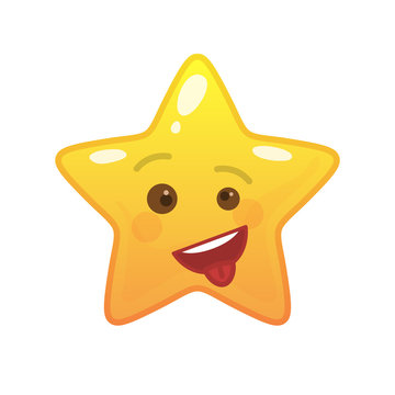 Crazy star shaped comic emoticon. Foolish face with facial expression. Cheeky emoji symbol for internet chatting. Funny social communication animated character. Mood message isolated vector element