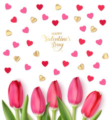 Happy Valentine's Day design template. Pink tulips with decorative heart confetti isolated on white background. Vector illustration