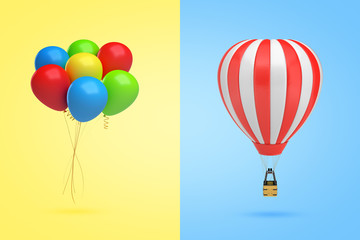 3d rendering of set of colorful balloons on yellow background and red white hot air balloon on blue background