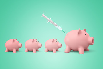 3d rendering of three small and one bigger piggy banks standing in file, a syringe giving an injection to the bigger one.