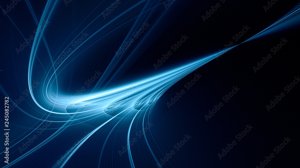 Aufkleber Abstract blue background element on black. Fractal graphics. Three-dimensional composition of glowing lines and mption blur traces. Movement and innovation concept.